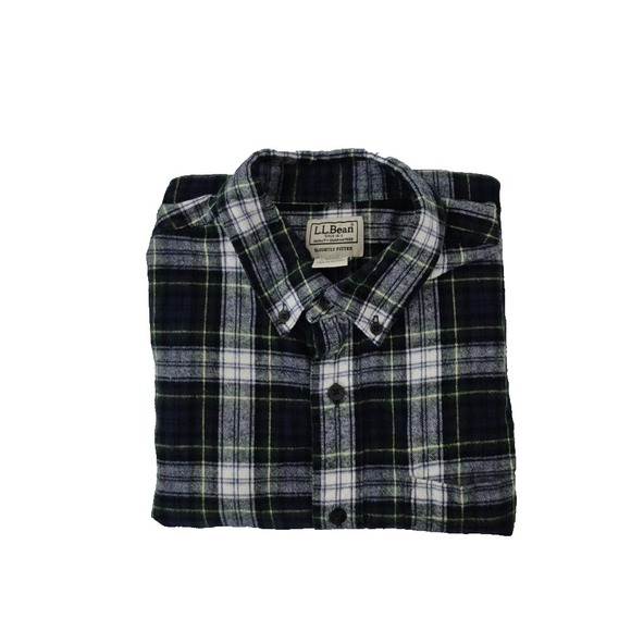 LL Bean Shirt Mens Medium Green Navy Plaid Slightly Fitted Flannel Long Sleeve - Picture 1 of 10